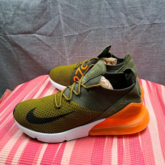 Nike Other - Nike Air Max 270 Flyknit Men 10.5 Olive Green Orange Men's Athletic Sneakers